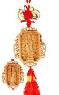  Wooden Carved Deity Charm, Amitabha and Kuan Yin, wide version
