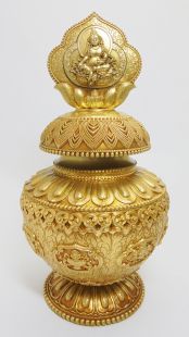 純銅精雕鑲寶石八吉祥黃財神寶瓶(無裝藏)